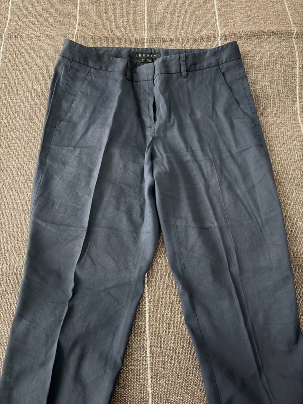 Theory Navy Blue Linen Flat-Front Dress Pants